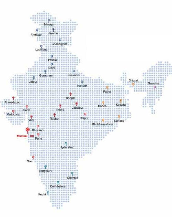 Dotted map of India showing all 36 M Express branches